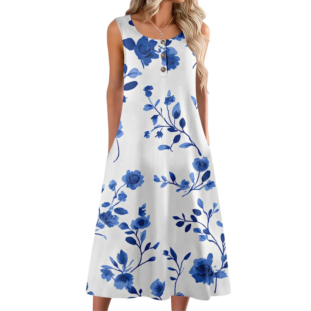 Women's Fashion Casual Sleeveless Button Floral Print Dress with Pocket