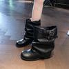 Autumn Women's Pleated Cuffed Boot 2026 Mid-Calf Chunky Heel Black Short Boot Comfortable Buckle Strap Outdoor Women Ankle Boots