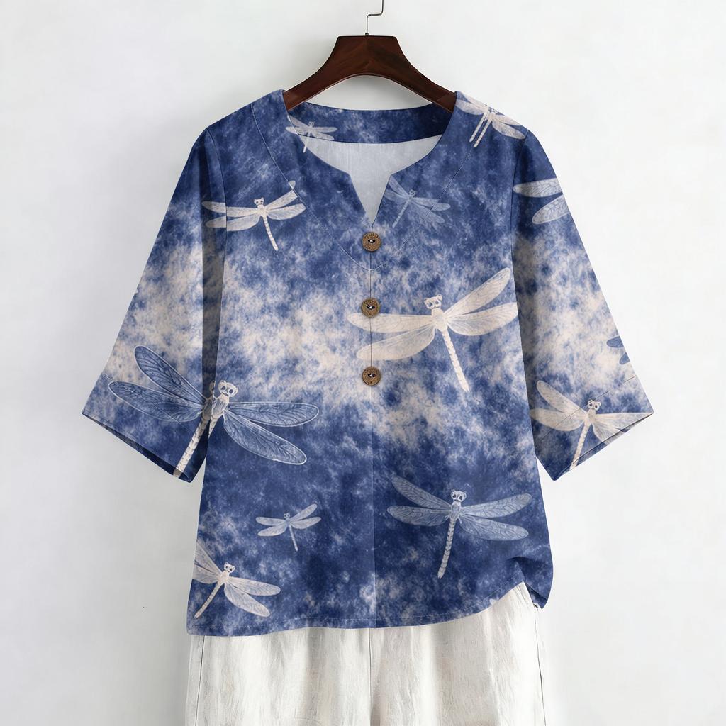 Dames Zomer Mode V-hals 3/4 Mouw Blouse Casual Losse Pasvorm Bloemenprint Top