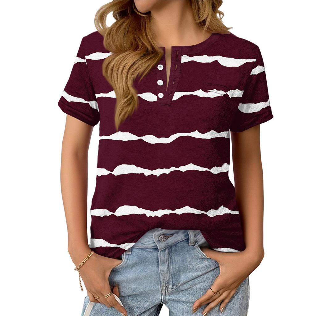 Women's Fashionable Casual Summer Striped V-neck Button Short-sleeved Top