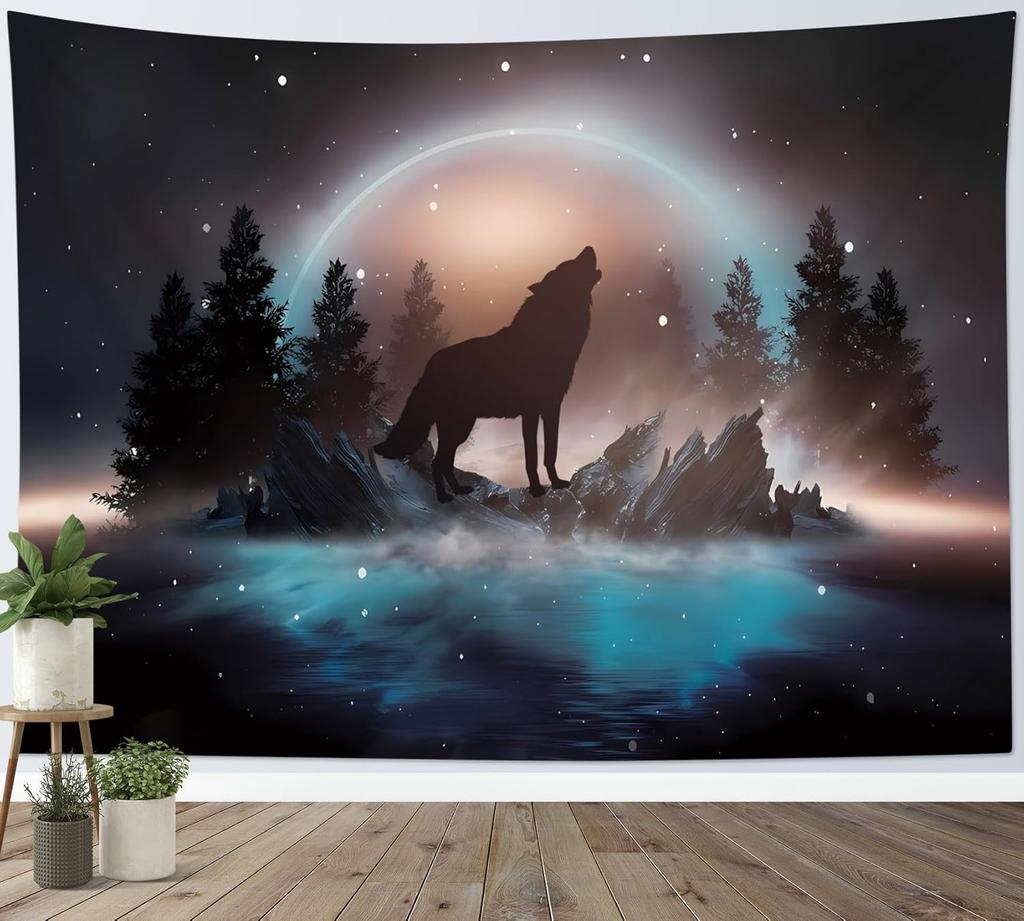 Black Wolf Tapestry Forest Mountain and Blue Ocean Wall Tapestry Moon in Starry Sky Tapestries for Bedroom Living Room Colleg