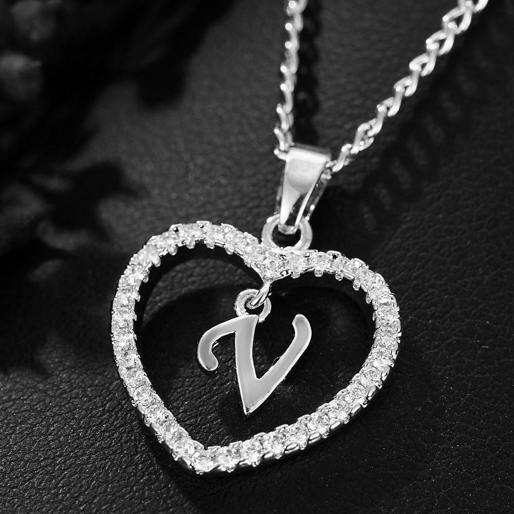 Heart Pendant Zircon Letter Necklace - 26 Letters Available
