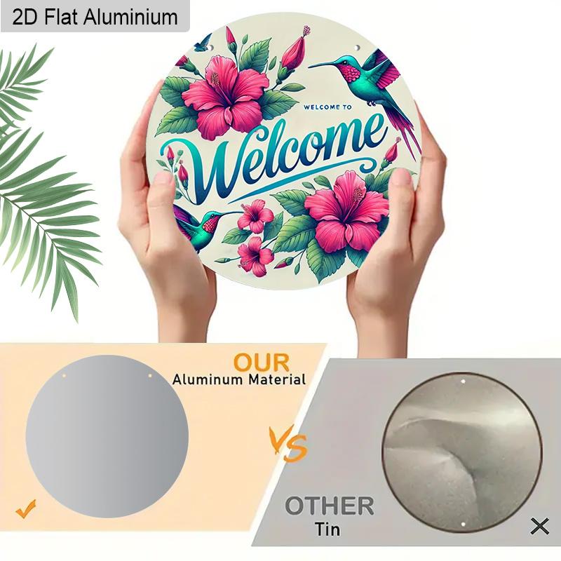 2D Flaches Aluminium Willkommensschild Runde Metallschild, Man Cave Wandkunst Schild für Bar, Garage, Haustür, Lebendige Kolibri- und Hibiskus-Blumendekoration