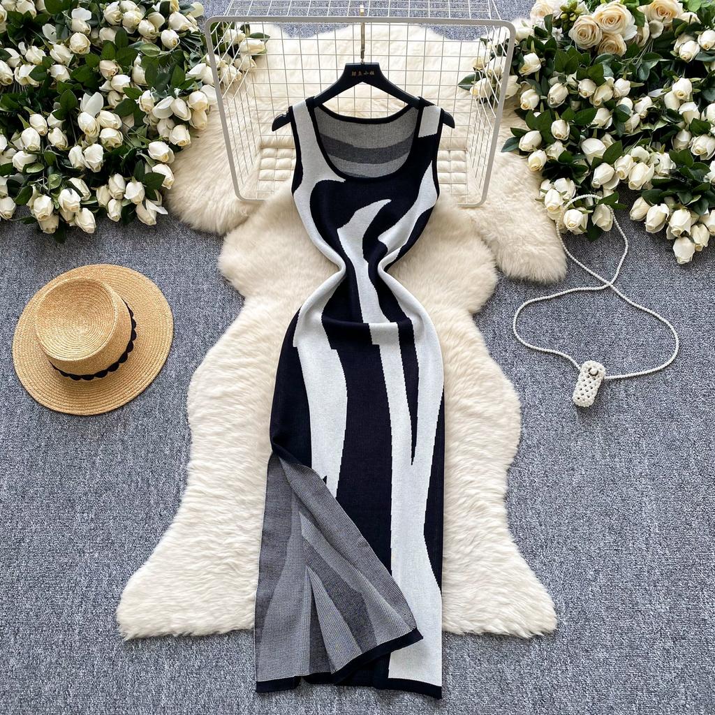 Summer Women Sleeveless Striped Knitted Sweater Office Work Slim Bodycon Split Dresses