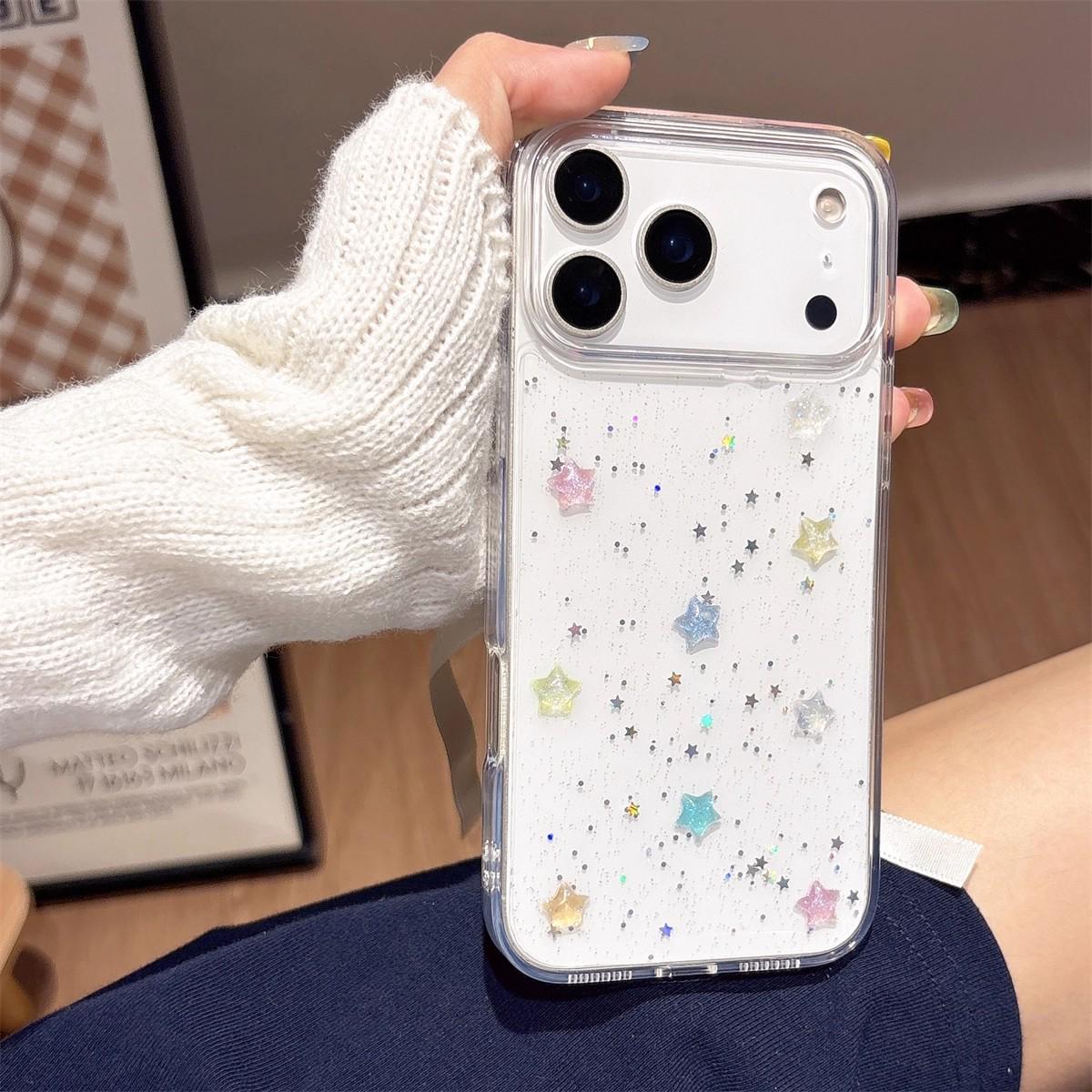 Apple iPhone 17PM Case: Luminous Glitter Star Design, Transparent, Fresh Look for iPhone 16 Apple 16 Plus