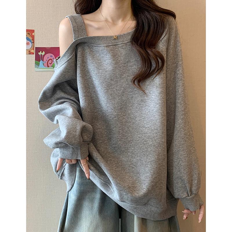 

Long-sleeved Sweatshirt for Women Spring Autumn Loose Slim Chic Slanted Shoulder Top Hoodies S сірий колір