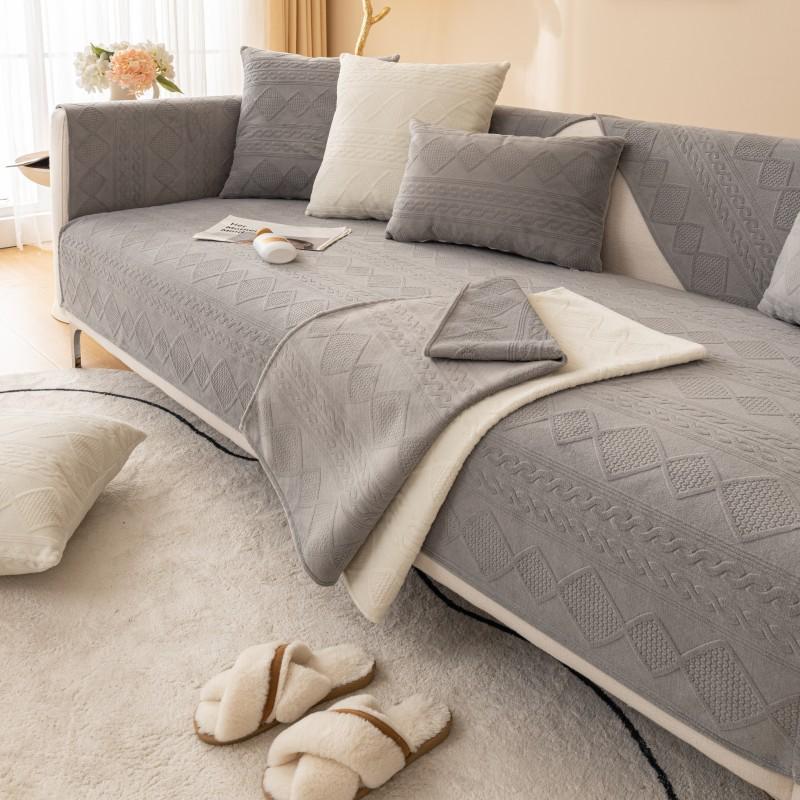 Winter New Thick Velvet Sofa Cushion Home Living Room Decoration Anti Slip Backrest Towel Modern Minimalist Solid Color Diamond Grid Sofa Cover