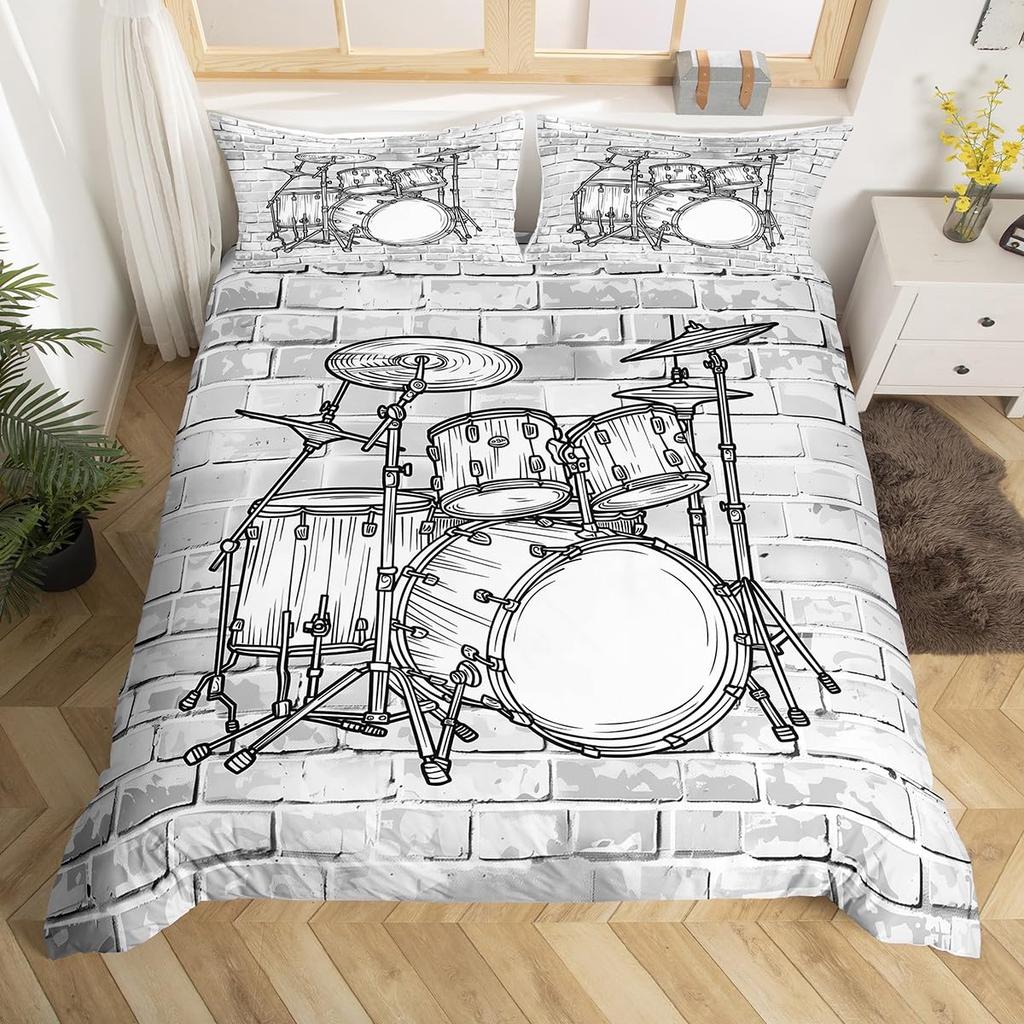 Comforter 3D Drum Kit Queen Microfiber Rock Music Theme Classic Musical Instrument Comforter Hip Hop Grunge Bedding Set