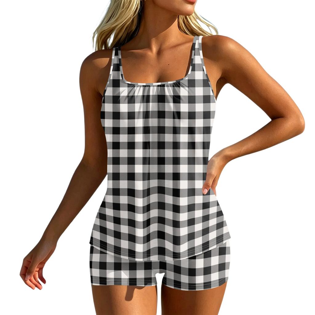Women’s Striped Tankini Set with Square Neckline and Boyshorts Swimwear Two Piece Bathing Suit for Beach Pool