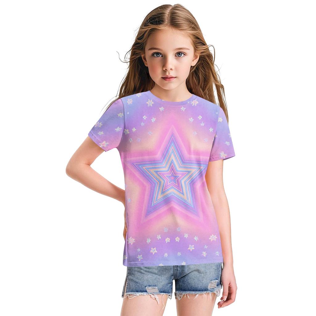 Top Casual Fashion Soltinho com Estampa Floral Fofa, Gola Redonda e Manga Curta para Crianças