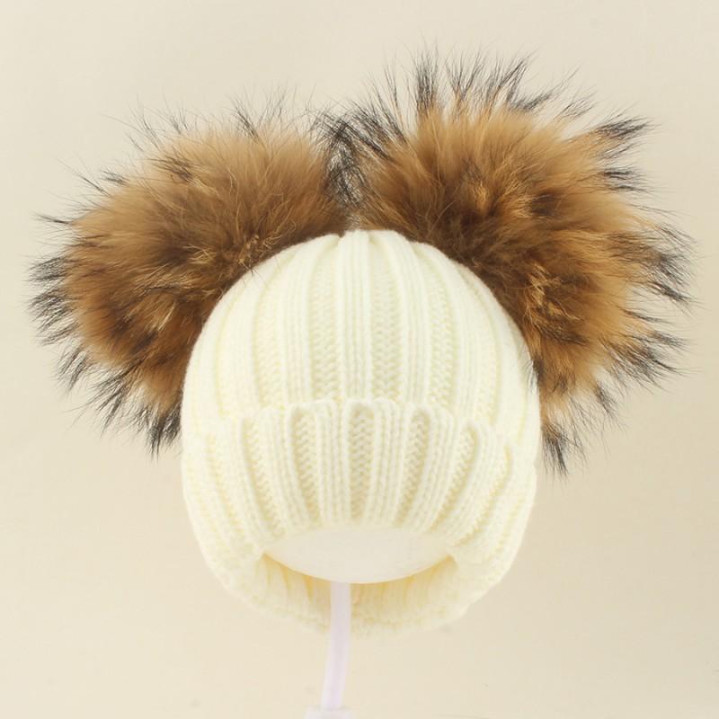 Kids Warm Knitted Beanie Hat With Double Pom Poms Striped Roll Edge Unisex Winter Cap Toddlers Children