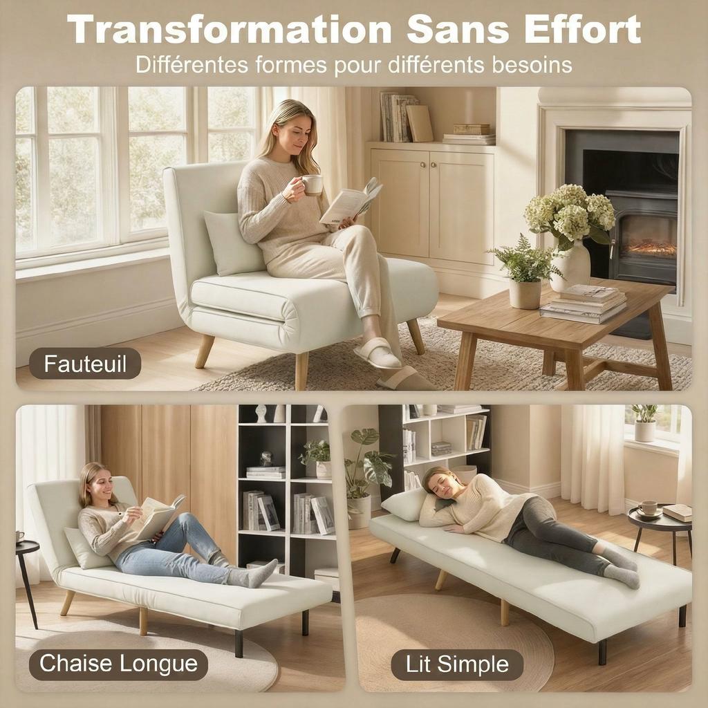 Convertible Chauffeuse Chair 3-in-1 Armchair Bed Single Bed 5-Position Backrest In Fabric with Cushion, Cream