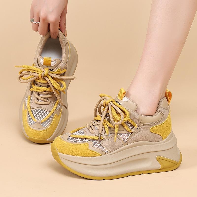 Summer new little white shoes thick-soled lace-up color matching comfortable casual height increase women's shoes height increase thin breathable