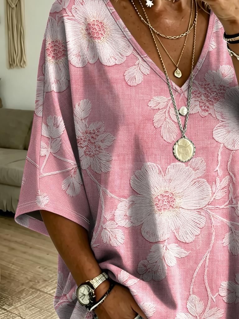 French romantic pink large flower print T-shirt, plus size V-neck ethnic style for women