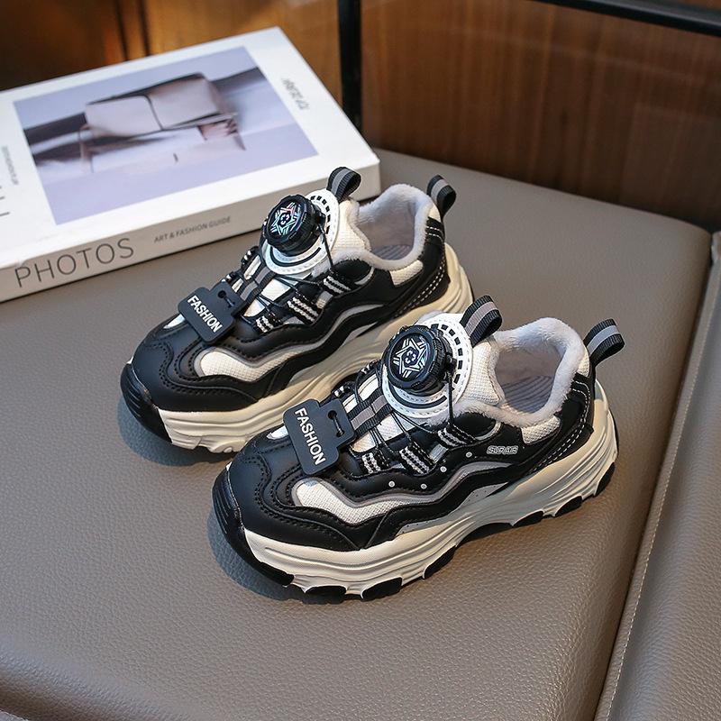 Girls' fleece sneakers 2025 autumn and winter children's knob buckle medium old children's dad shoes non-slip soft sole fleece warm