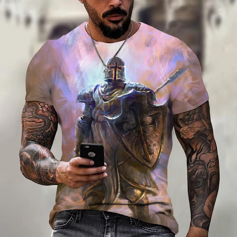 

Summer Round Neck 3D Knights Templar Print Top Fashionable Casual Short Sleeved Men s T-shirts XS