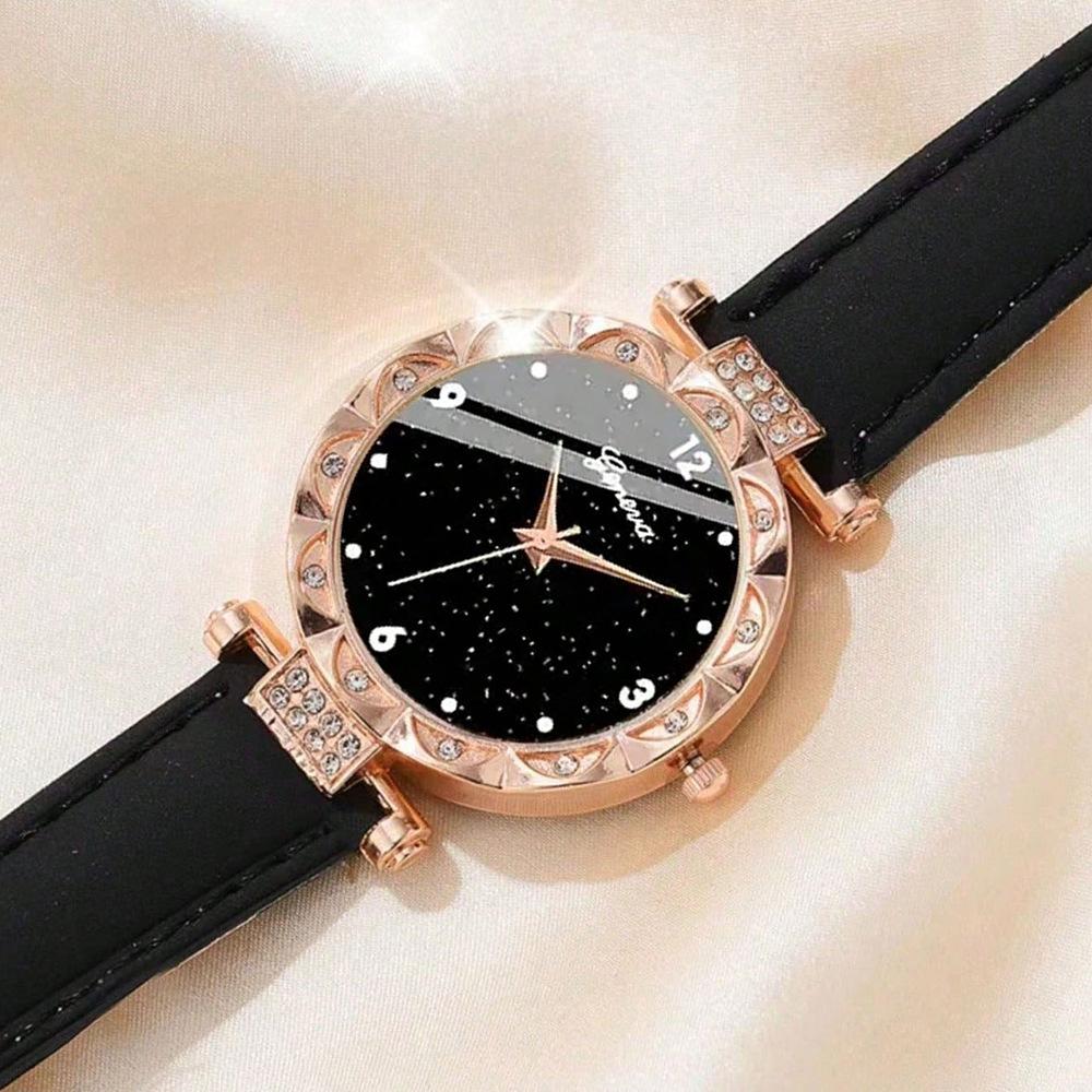 Watch Ladies Light Luxury Niche Diamond Dial Quartz Watch PU Leather Strap Watch Bracelet Set