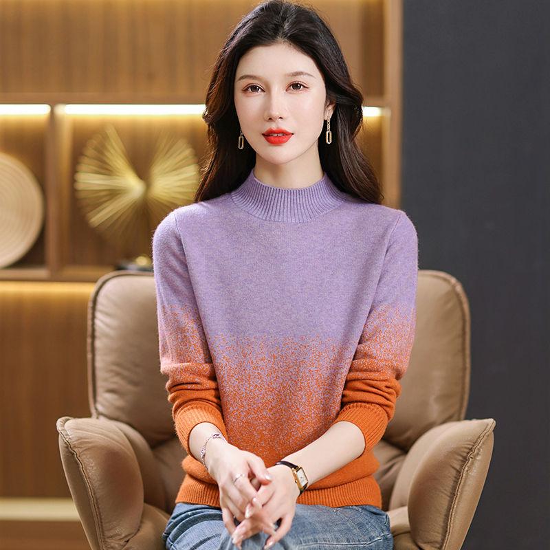Women's Knitted Sweater Autumn and Winter Gradient Color Sweater Loose Pullover Thickened Knitted Sweater