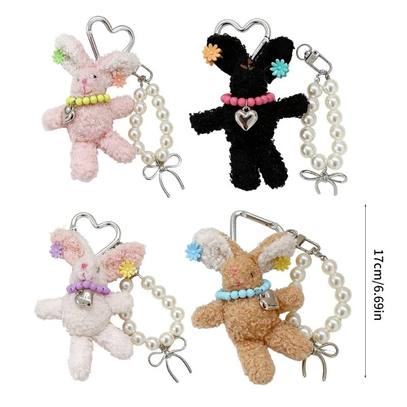 Playful Rabbit Bag Charm Double Use Phone Lanyard Soft Plush Pearls Clip Accessory Adorable Rabbit Keyring Decors