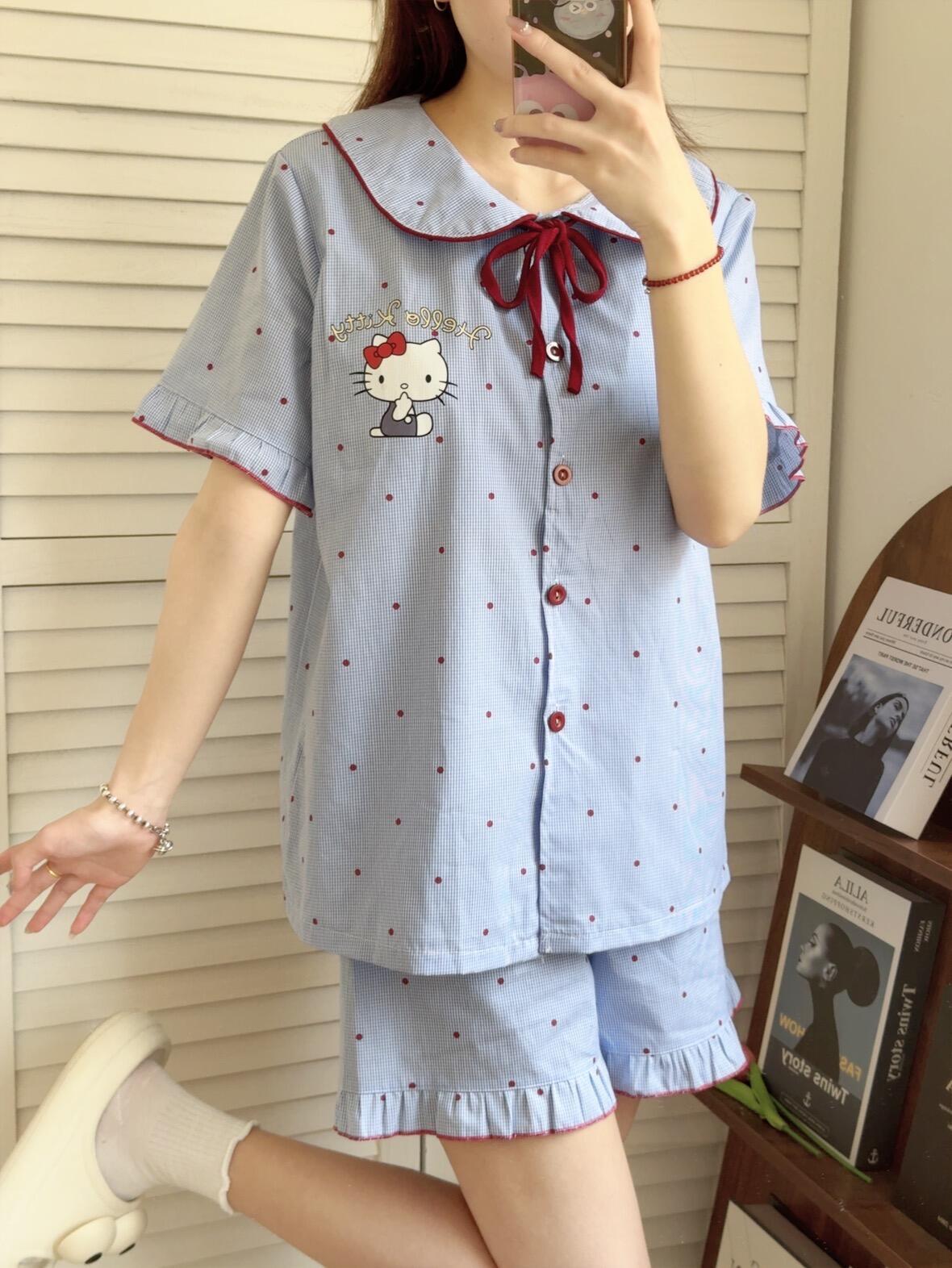 Bow blue polka dot pajamas women s summer short-sleeved shorts girl two-piece set women s doll collar loungewear S