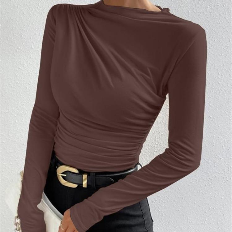 Casual Women Long Sleeve Half Blouses Fashion Print Solid Color Shirts Turtleneck Autumn