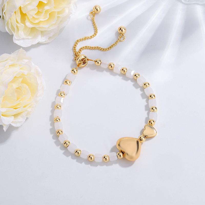 Copper Gold Plated Heart & Artificial Crystal Bead Elastic Bracelet for Women