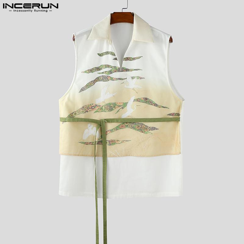 INCERUN Men Lapel Neck Sleeveless Fake Two-piece Print Casual Tank Tops