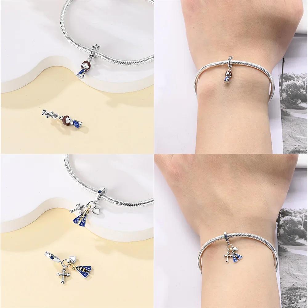 Authentic Blue Doll Girl Pendant Angel Religious Cross Bead Charms Compatible With Bracelets Copper Women Diy Fine Gift Necklaces Accessory Set