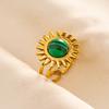 Green Striped Stone Vintage Gold Color Stainless Steel Open Adjustable Rings For Women Men Accessories Finger Jewelry Sun Flower