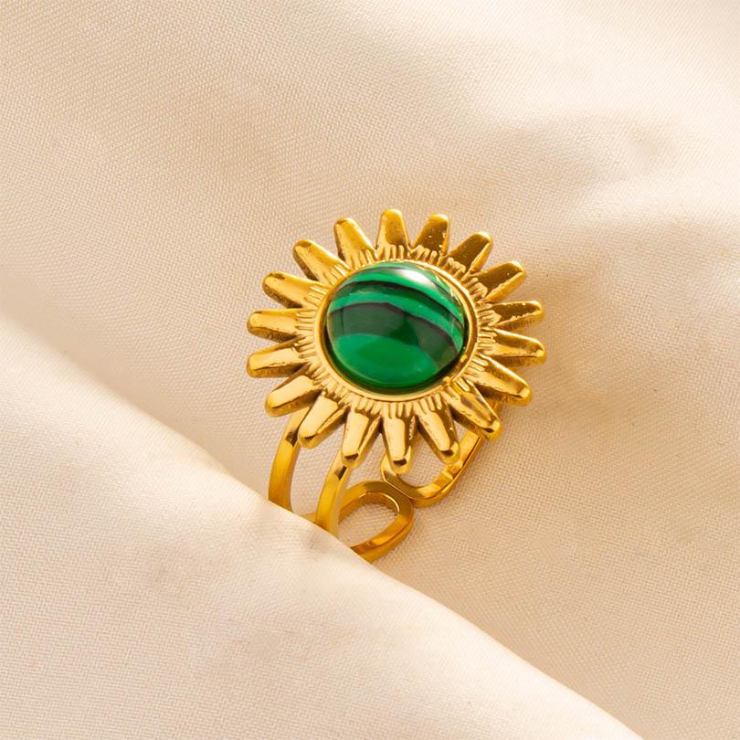 Green Striped Stone Vintage Gold Color Stainless Steel Open Adjustable Rings For Women Men Accessories Finger Jewelry Sun Flower