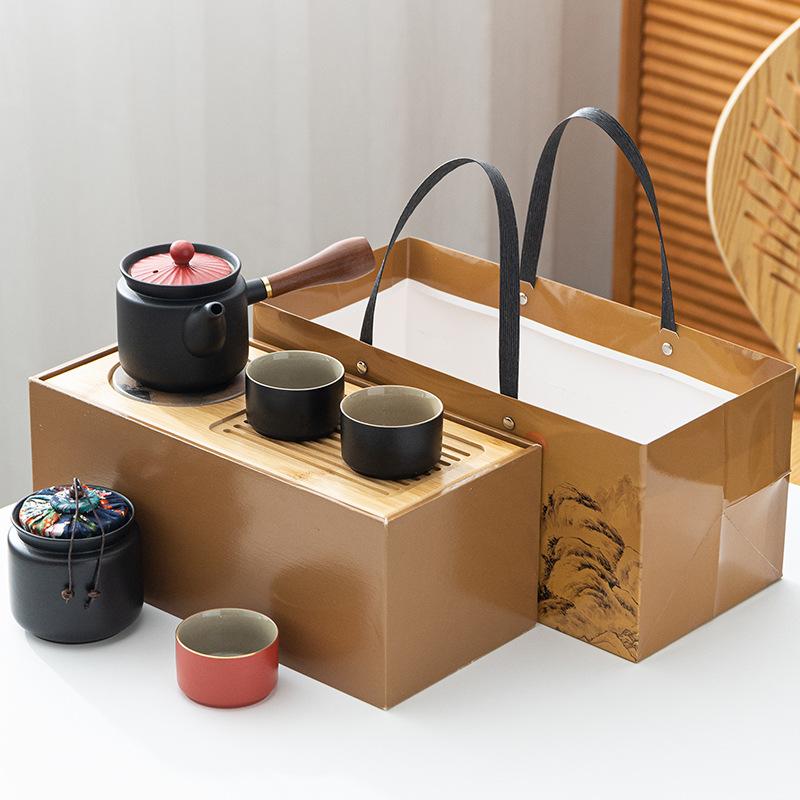 Coarse Pottery Kung Fu Tea Set Office Ceramic Side Handle Pot Wooden Handle with Tea Tray Tea Can Storage Gift