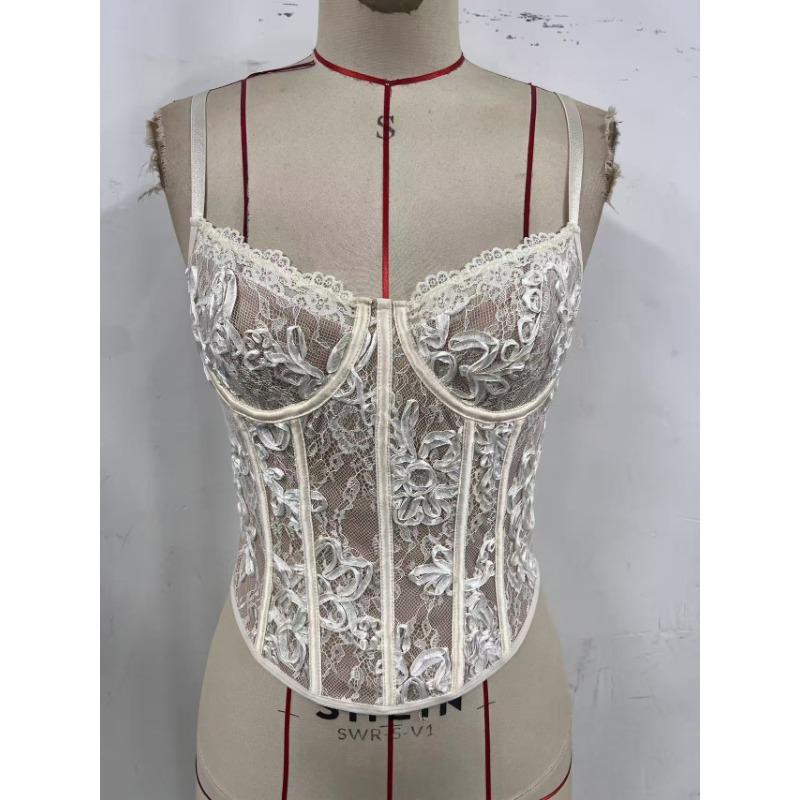 Sexy Besticktes Spitze Pailletten Fischbein-Draht Raffung Kreuz-Träger Schlanke Passform Camisole