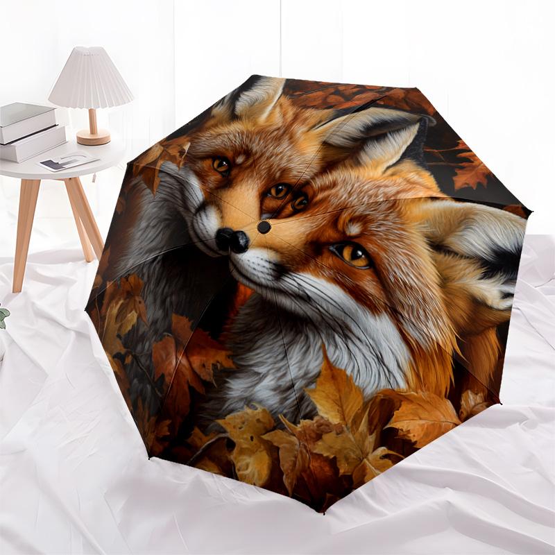 1 Stück Automatischer Faltregenschirm - Herbstfuchs-Muster, Tragbares & Faltbares Design mit 8 Speichen, Weihnachts-Geburtstagsgeschenke