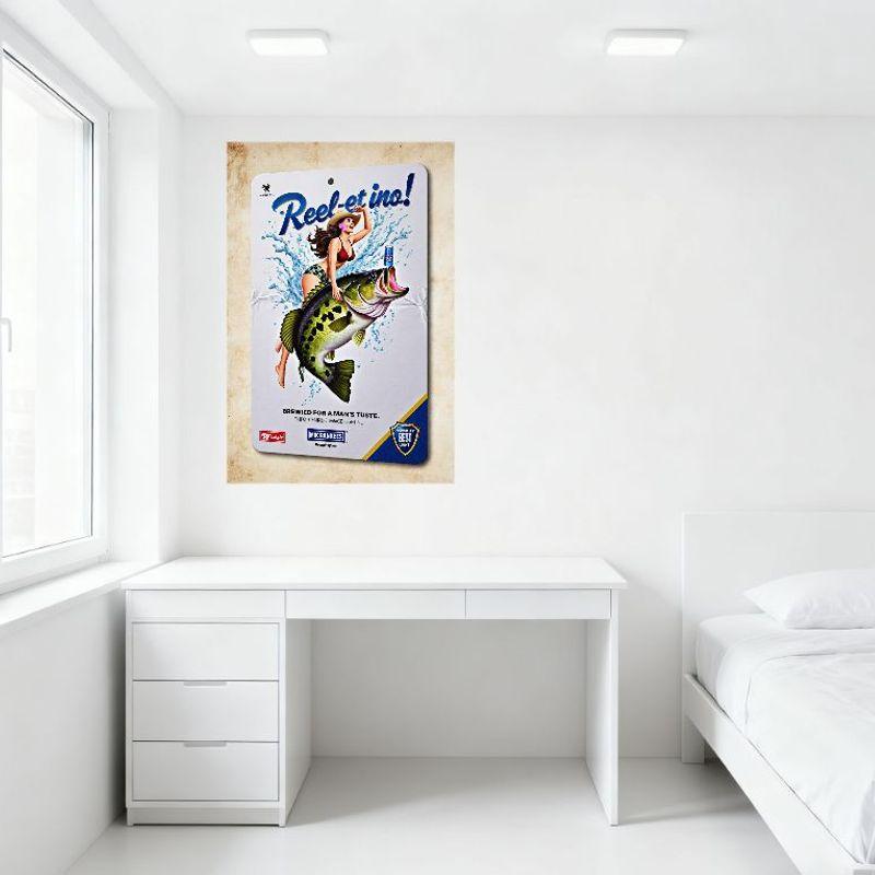 Vintage Beer Ad Metal Tin Sign - Woman In Red Bikini Riding Green Spotted Fish, 1940 Caribbean Magic Brewed for Man's Taste Deco