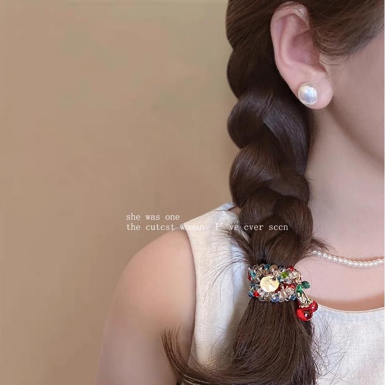 Cherry Shaped Alloy Hair Tie with Sparkling Rhinestones Convertible To Hair Rope Multifunctinal Wrist Bracelet