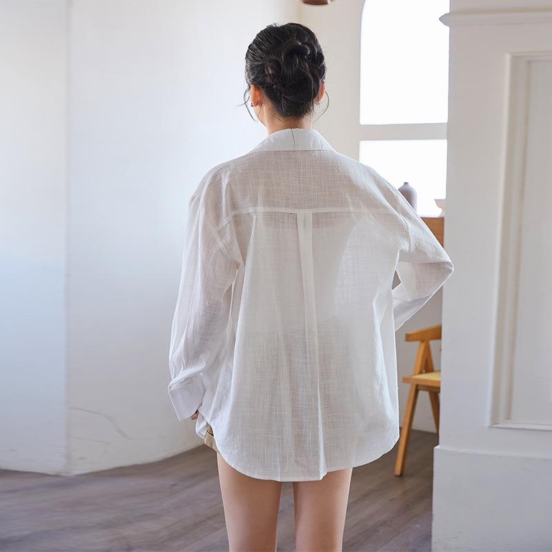 White Washed Cotton Linen Long Sleeve Shirt - Spring/Summer 2026 Sun Protective Loose Cardigan Top