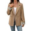 Womens Blazer Jacket With Leopard Print Patchwork Classic Fit Office Wear Khaki Color Long Sleeve Single-Breasted
