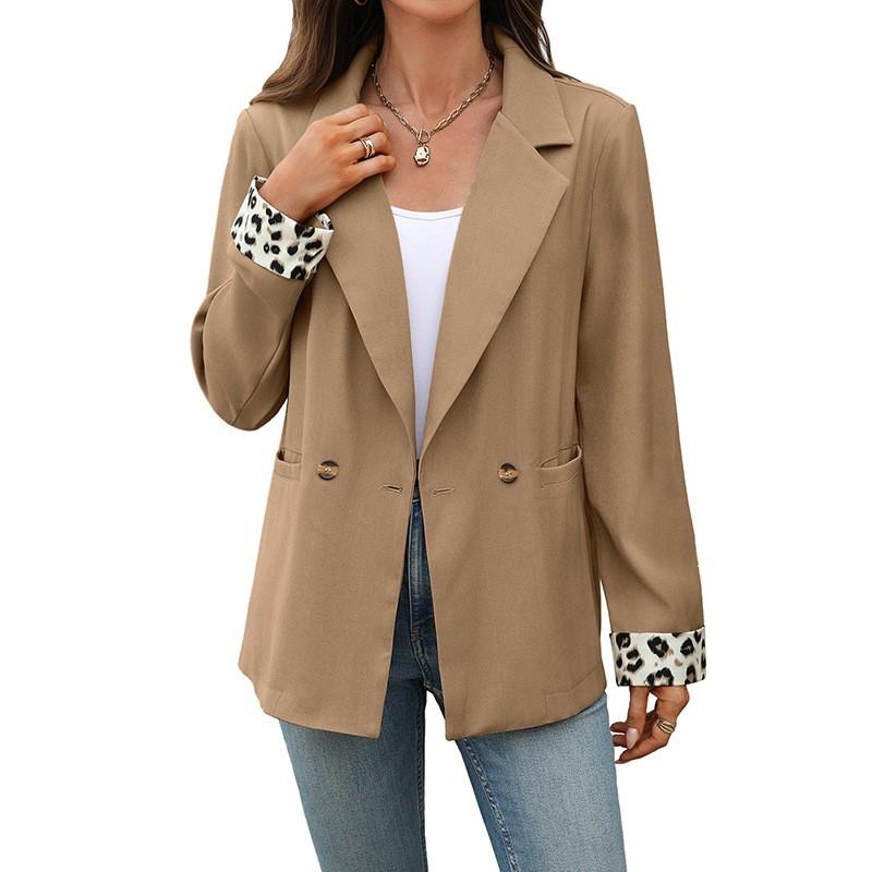 Womens Blazer Jacket With Leopard Print Patchwork Classic Fit Office Wear Khaki Color Long Sleeve Single-Breasted