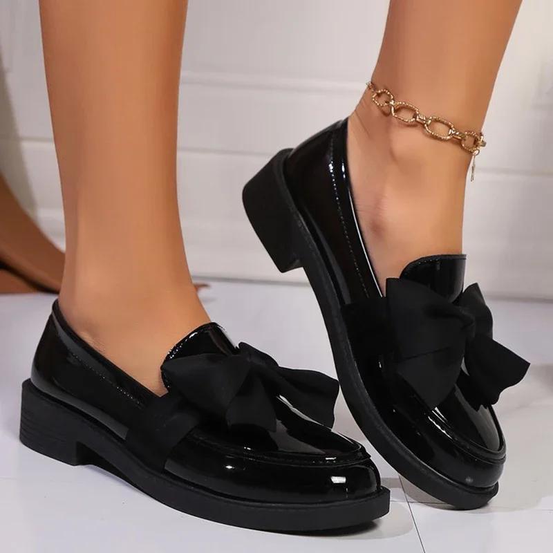 Fashion Fashion Bowknot Slip On Loafers for Women 2025 Summer Solid Color Patent Leather Shoes Woman Comfort Soft Sole Platform Loafers