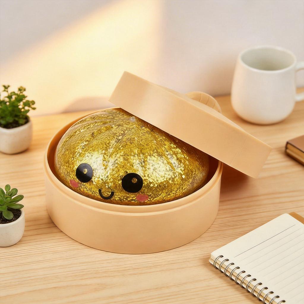 Glitter Dumpling Fidget Toy Kawaii Bun with Food Steamer Stretchy Desk Toys Squeeze Dough Ball Glitter Bun Dumpling Fidget Toy