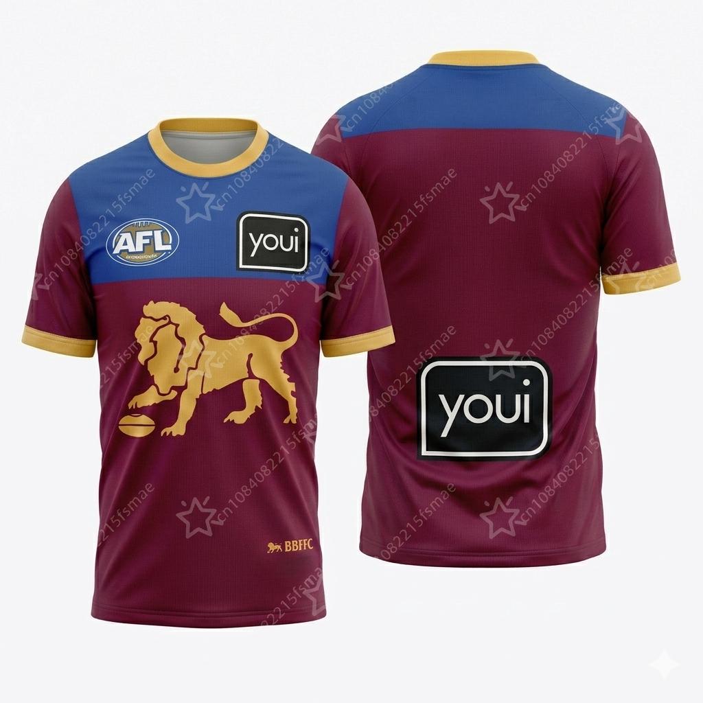 Ретро Футболка AFL Brisbane Lions Мужская с коротким рукавом BBFC Регбийная рубашка Спортивная одежда Футболка для командных тренировок Пляжный топ S