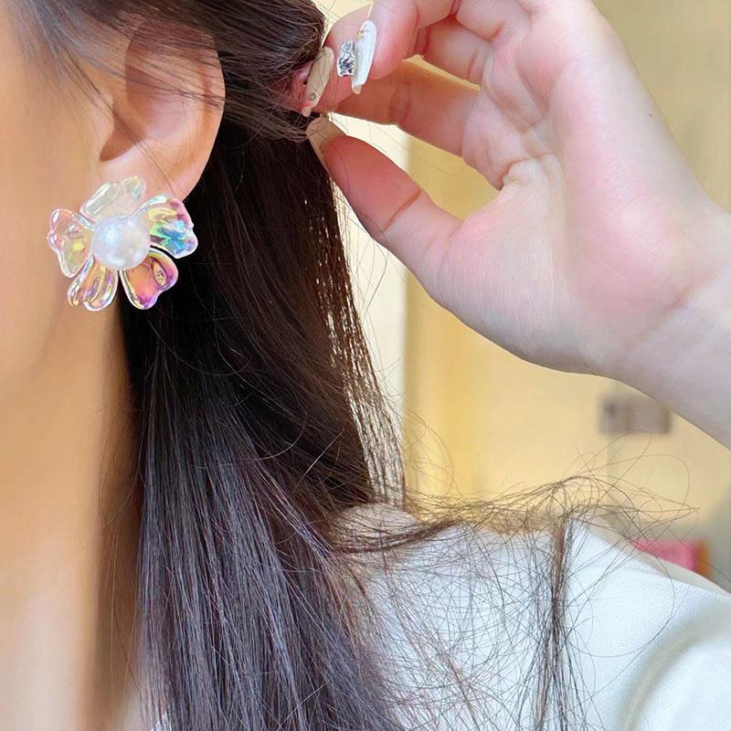 Fashion Colorful Flower Earrings For Women Elegant Imitation Pearl Stud Earrings Unique Design Brincos Wedding Jewelry Gifts