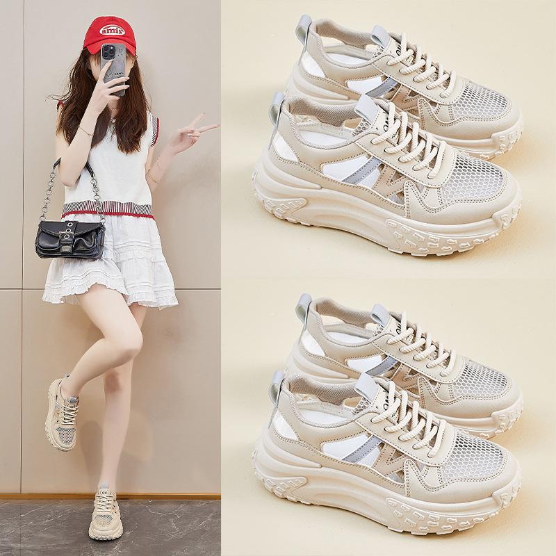 New Summer Hollow Dad Shoes for Women's Mesh Breathable Student Trendy Casual Thick Sole Height