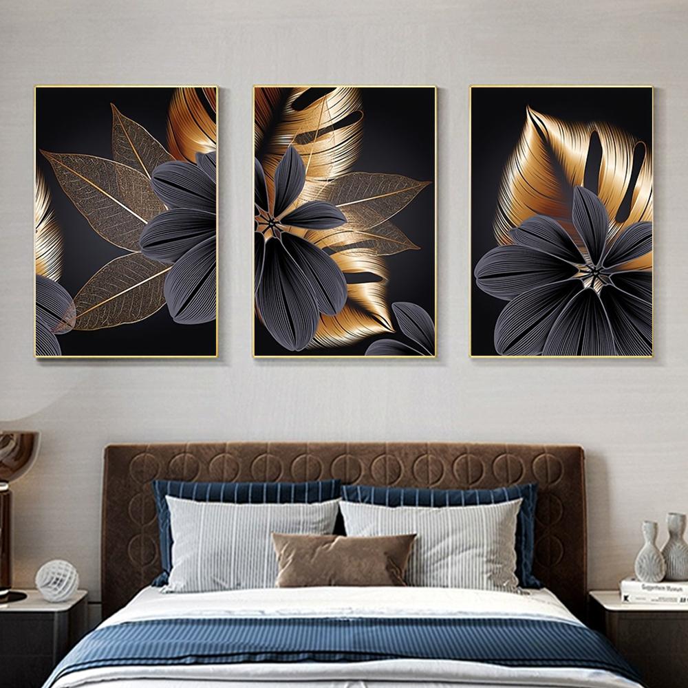 3 Pezzi Pittura su Tela Foglia di Pianta Nera Dorata Senza Cornice Arte Murale Astratta Decorazione Soggiorno Nordico Quadro Arredamento Moderno per la Casa