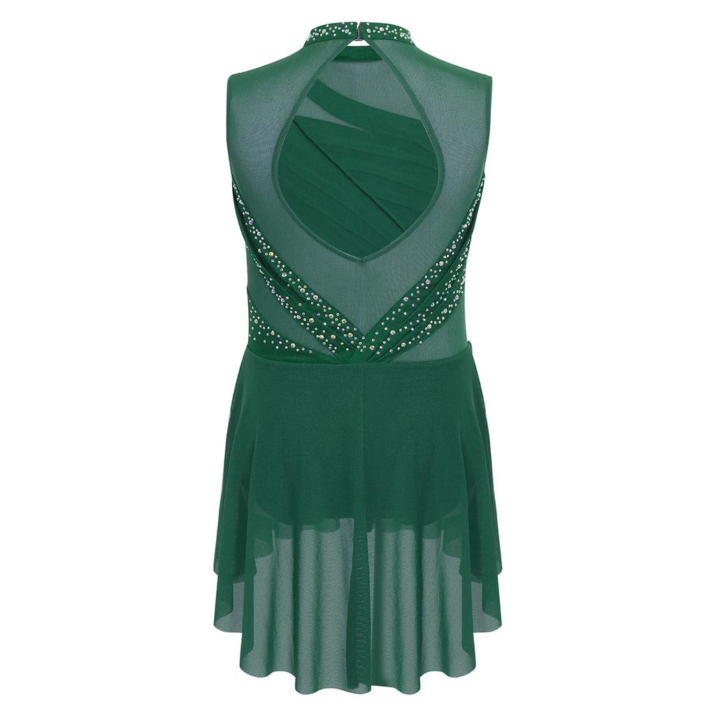 Mädchen Mesh Patchwork Ärmellos Cutout Rücken Raffung Hoher Niedriger Saum Glitzernder Strassstein Kleid Tanzaufführungskleid