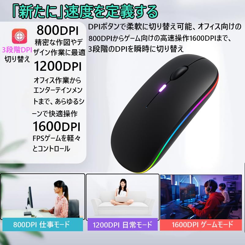 [New Release - Ultra-Thin] Wireless Mouse - Silent Design  Type-C Rechargeable  2.4GHz & Bluetooth Dual Connection  3-Stage DPI Adjustment  7-Color
