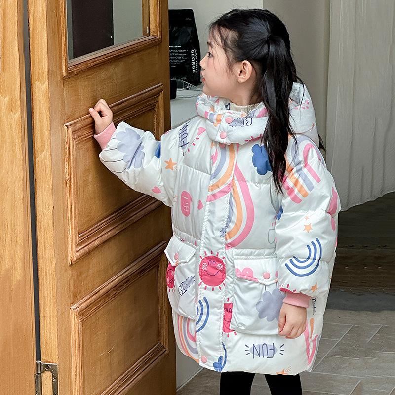 Autumn and Winter Girls' Fashionable Mid-length Thick Warm Printed Down Jacket