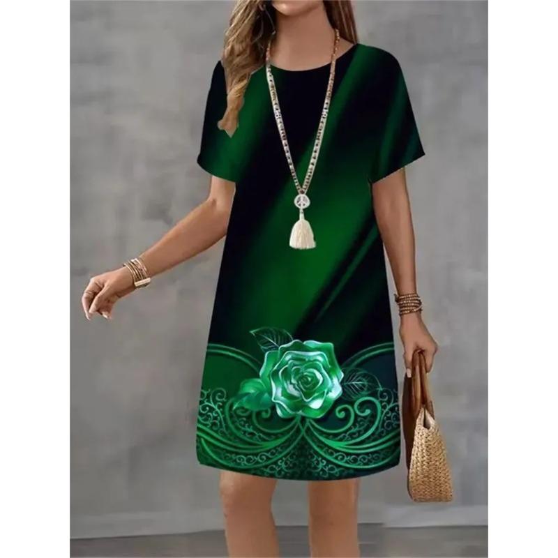 Summer Ladies 3D Printed Crew Neck Short Sleeve Dress Fashion Versatile Trend Breathable Casual