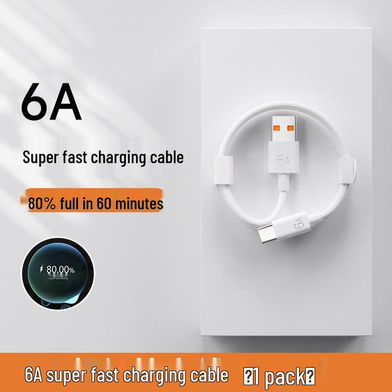 6A 66W Fast Charging Braided Data Cable for Huawei, Xiaomi, Honor Android Devices 1m White (Non-braided)