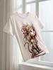 Women's O-Neck Short Sleeve T-Shirt, Polyester Fabric, 2D Bohemian Cat Print Casual Tee for Commute Daily Wear